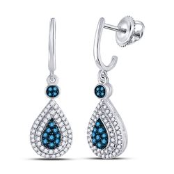 Womens Round Blue Color Enhanced Diamond Teardrop Dangle Earrings 1/2 Cttw 10kt White Gold - REF-25R