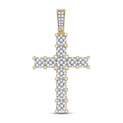 Mens Round Diamond Cross Charm Pendant 1-3/4 Cttw 10kt Yellow Gold - REF-87H5R