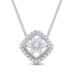 Womens Round Diamond Offset Square Cluster Necklace 1/2 Cttw 14kt White Gold - REF-32N5F