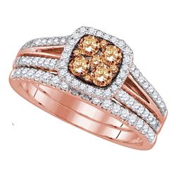 Womens Round Brown Diamond Bridal Wedding Ring Band Set 1 Cttw 14kt Rose Gold - REF-96H9R