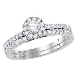 Round Diamond Halo Slender Bridal Wedding Ring Band Set 3/4 Cttw 14kt White Gold - REF-65M5H