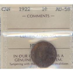 1 Small Cent 1922, ICCS certified AU-58