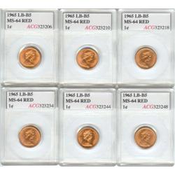6 x Cent 1965 LB, B5 all ACG MS-64 Red