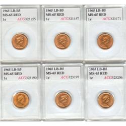 6 x Cent 1965 LB, B5 all ACG MS-65 Red