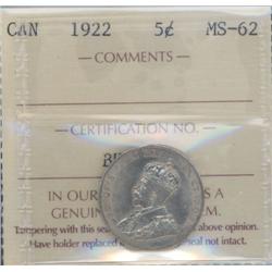 5 Cents 1922, ICCS certified MS-62