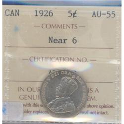 5 Cents 1926, ICCS certified AU-55; Nea
