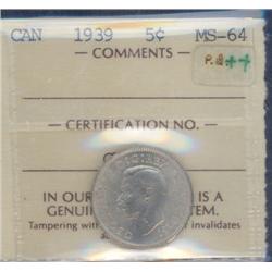 5 Cents 1939, ICCS certified MS-64
