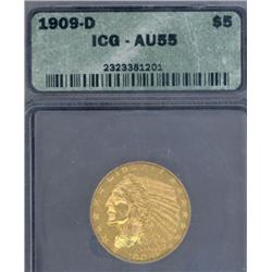 USA; $5.00 Gold 1909-D, ICG certified A