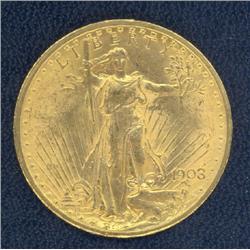 $20.00 Gold 1908, AU-50, Arabic, No Mot