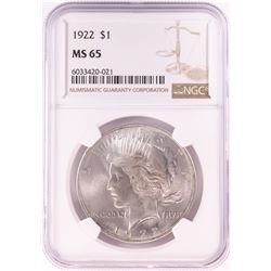 1922 $1 Peace Silver Dollar Coin NGC MS65