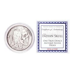 United Snakes of America Indian Skull 1 oz Antique Silver Proof Round w/COA