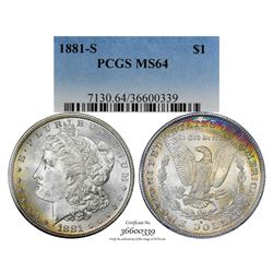 1881-S $1 Morgan Silver Dollar Coin PCGS MS64 Amazing Toning