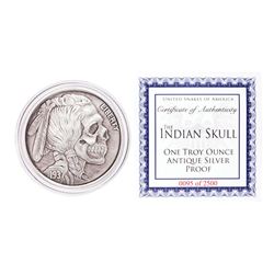 United Snakes of America Indian Skull 1 oz Antique Silver Proof Round w/COA