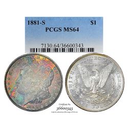 1881-S $1 Morgan Silver Dollar Coin PCGS MS64 Amazing Toning