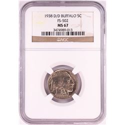 1938-D/D Buffalo Nickel Coin NGC MS67 FS-502