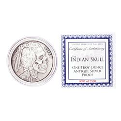 United Snakes of America Indian Skull 1 oz Antique Silver Proof Round w/COA