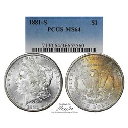 1881-S $1 Morgan Silver Dollar Coin PCGS MS64 Amazing Toning