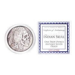 United Snakes of America Indian Skull 1 oz Antique Silver Proof Round w/COA