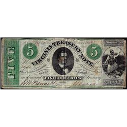 1862 $5 Virginia Treasury Richmond Obsolete Note