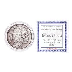 United Snakes of America Indian Skull 1 oz Antique Silver Proof Round w/COA