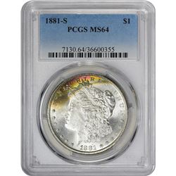 1881-S $1 Morgan Silver Dollar Coin PCGS MS64 Amazing Toning