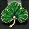Image 2 : Unique Omega Vintage 14K Yellow Gold Green Enamel & Diamond Detailed Leaf Brooch