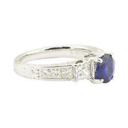 2.38 ctw Round Brilliant Blue Sapphire And Diamond Ring - 18KT White Gold