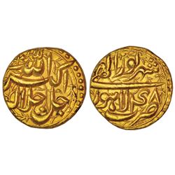 Mughals: Akbar (1556-1605 AD), gold mohur, 10.91g, Lahore mint, Shahrewar 48