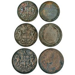 East India Company: Madras Presidency, Royal mint, set of 3 copper coins, 1825