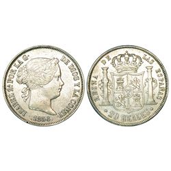 Foreign Coins: Spain, Isabel II (1833-1868 AD), silver 20 reales, 1856, 25.87g