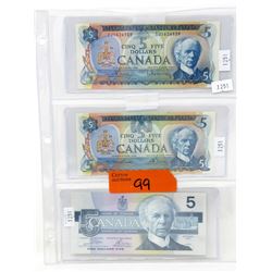 1972, 1979, and 1986 Canadian $5 Bank Notes