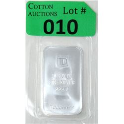 1 Oz. TD Bank .999 Fine Silver Bullion Bar