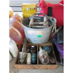 Vintage Galvanized Mop Pail & 7 Insulators