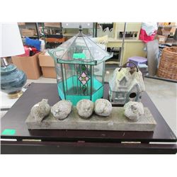 Bird House, Concrete Birds & Glass Terrarium