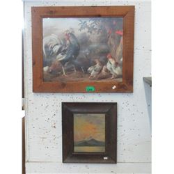 Original Oil Painting & Vintage Rooster Print