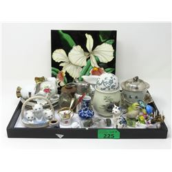 Ceramic Floral Tile and Tray of Collectibles