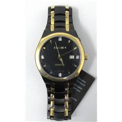New Mans Elgin Black & Gold Tone Diamond Watch
