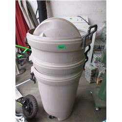 3 Rolling Rubber Maid Garbage Cans with Lids