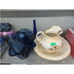 4 Blue Cobalt Glass & Pitcher with Basin