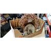 Image 1 : BOX OF HOME DECOR, METAL PEACOCKS, ART GLASS BOWL