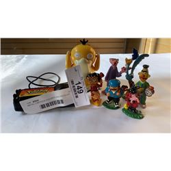 METAL CARTOON FIGURES AND PSYDUCK POKEMON RC TOY