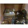 Image 2 : GLASS JEWELRY BOX, DRESSER BOX, MIRROR AND BRASS AND METAL TRAYS AND FIGURES