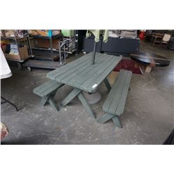 GREEN WOOD PATIO TABLE, 2 BENCHES