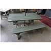Image 2 : GREEN WOOD PATIO TABLE, 2 BENCHES
