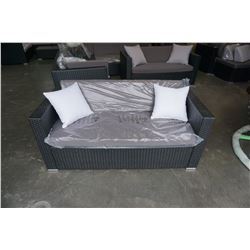 BRAND NEW PREMIUM OUTDOOR RATTAN LOVE SEAT RETAIL $699 W/ DARK GREY CUSHIONS AND 2 THROW PILLOWS - U