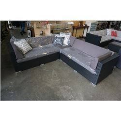 BRAND NEW OUTDOOR RATTAN SYMMETRICAL SECTIONAL RETAIL $1999 W/ DARK GREY CUSHIONS, 3 THROW PILLOWS -