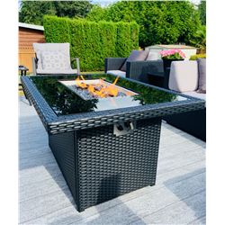 BRAND NEW RATTAN AND GLASS TOP FIRE TABLE RETAIL $999, POWDER COATED ALUMINUM FRAME, 55,000 BTU, CSA