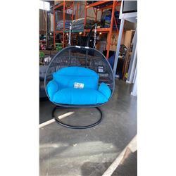 BRAND NEW BLUE CUSHION DOUBLE HANGING EGG CHAIR - RETAIL $1969 W/ FOLDABLE FRAME, POWDER COATED STEE