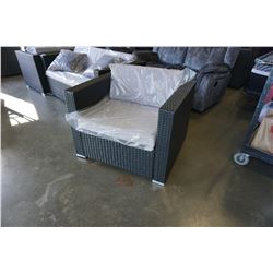 BRAND NEW OUTDOOR RATTAN CLUB CHAIR RETAIL $399 W/ LIGHT GREY CUSHIONS - POWDER COATED STEEL FRAME, 