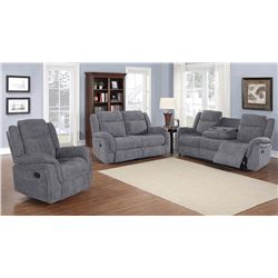 BRAND NEW 3 PIECE FABRIC RECLINING SOFA SET - RETAIL $2299 ROCKER RECLINER, LOVE SEAT, AND SOFA W/ F